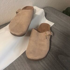 Time and Tru Brown Suede Clogs with Buckle